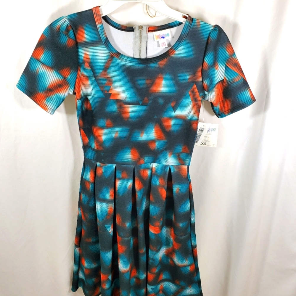 LulaRoe Amelia Dress Size XXS Teal Diamond Print Pleaded Pockets Skater Dress